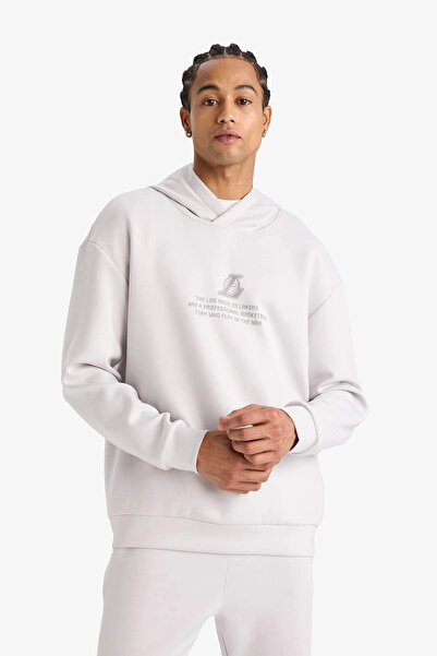 DeFacto F3876Axgr519 Gray Nba Los Angeles Lakers Boxy Fit Hooded Skuba Diver Fabric Back Printed S