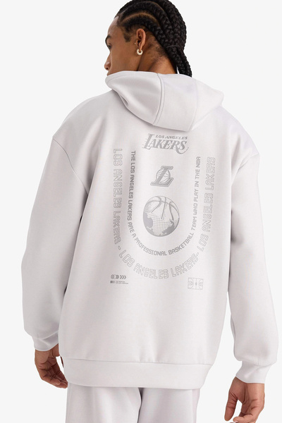 DeFacto F3876Axgr519 Gray Nba Los Angeles Lakers Boxy Fit Hooded Skuba Diver Fabric Back Printed S