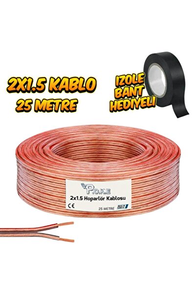 Poke Elektrik - Hoparlör - Led Kablosu Şeffaf 2x1.5 25 Metre İzole Bant Hediyeli