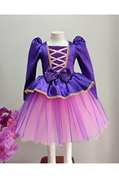 BOZTAŞ BEBE Rapunzel Long Sleeve Knitted with Hair Clip Birthday Dress&Party Dress&Rapunzel Costume Long Sleeve