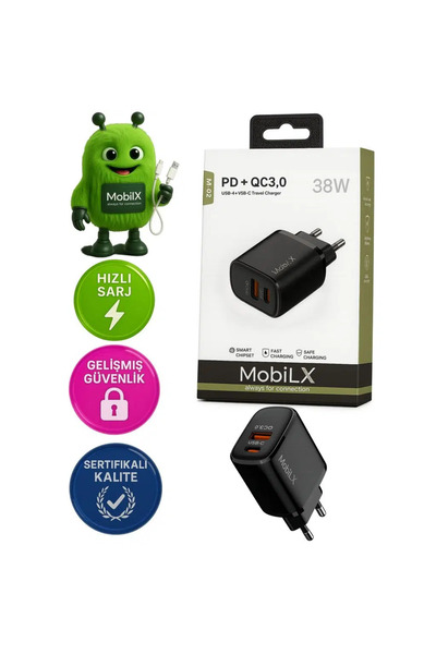 mobilx M-02 38W Çift Portlu PD + QC 3.0 Hızlı Şarj Adaptörü | USB-A & Type-C