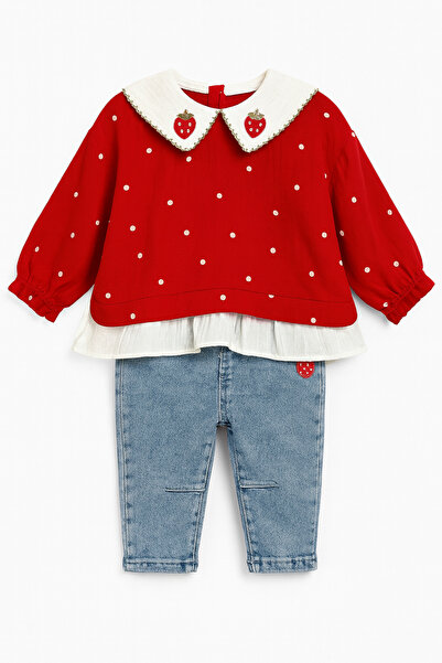 ZARİNA Kız Bebek&Çocuk %100 Pamuklu Çilek Temalı Puantiyeli Bluz Pantolon 2'li Takım