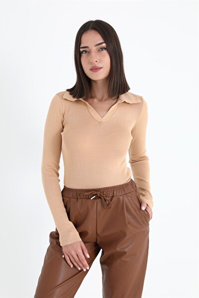VELİZADE Women's Mink Soft Textured Knitwear Corded Fabric Long Sleeve Polo N...