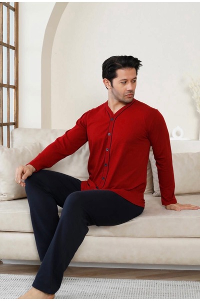 İpek Men's Long Sleeve Front Button Cotton Pajama Set