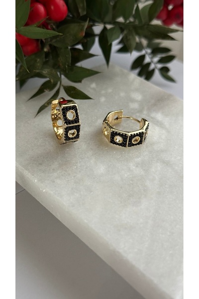 mibrillo Branded equivalent black stone detailed hoop earrings.