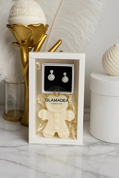 Glamadea Holiday Gift Set, Gingerbread — White Gold-Plated Earrings & Scented Soy Wax Candle