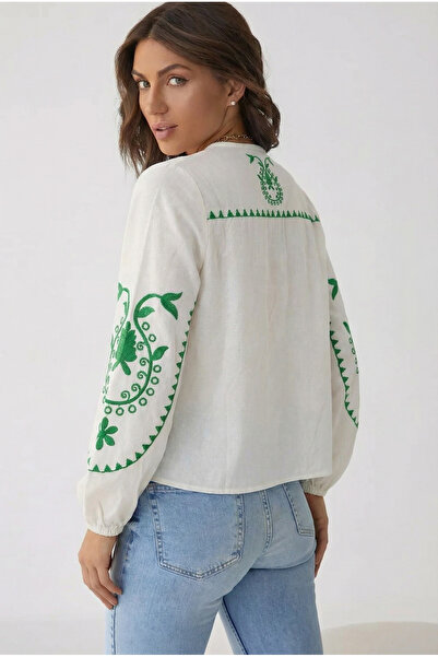 FEMELLE Women's Green Embroidered Cotton Shirt with Elasticated Cuffs