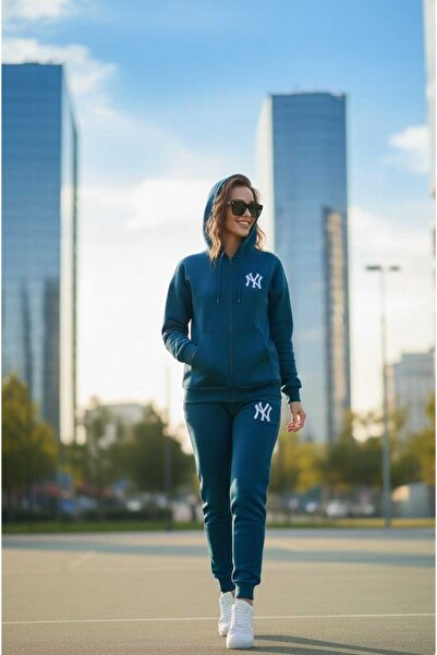 LiyAdaCo Unisex Hooded Ny Printed Petrol Blue Bottom Top Tracksuit Set- Sportswear