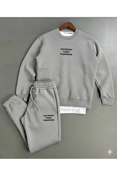 woonkey Yesterday Today Tomorrow Printed Crew Neck Sweatshirt Tracksuit |   Minimalist Unisex Cotton