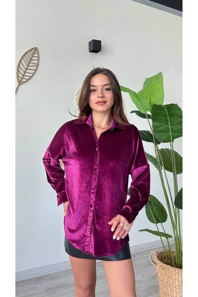 tellevolle kadife mor dügmeli gömlek