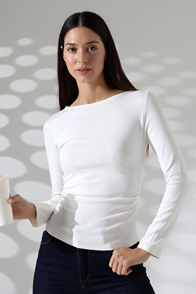 ModaPlaza Boat Neck Gathered Side Blouse 21951