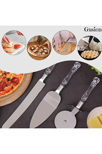 Gusion 3 Parça Servis Seti Şeffaf Sap Tasarım Ve Paslanmaz Metal Yüzeyi Pizza...