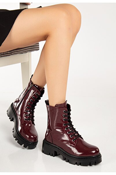 Zerenyus Zri̇n868-356 Premium Burgundy Patent Leather Lace-Up Zippered Casual Women's Boots