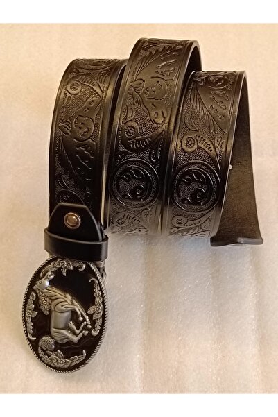 Butik Tülin حزام للجنسين من الجلد الصناعي الأصلي باللون الأسود مطبوع مزين بزه...