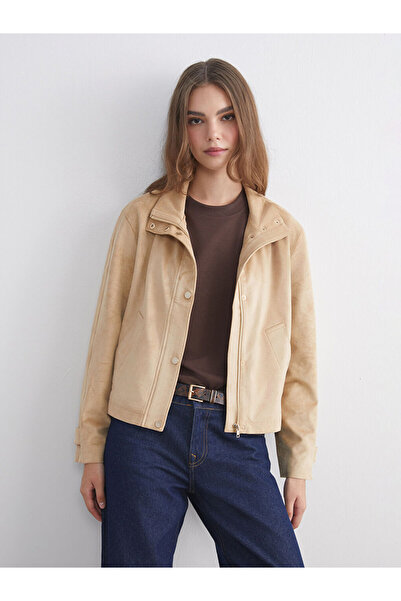 LC Waikiki Beige Mock Neck suede look women's jacket