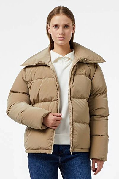 Lacoste Down Fill Jacket Goose down Filling Mock Neck Light Brown Women's Coat