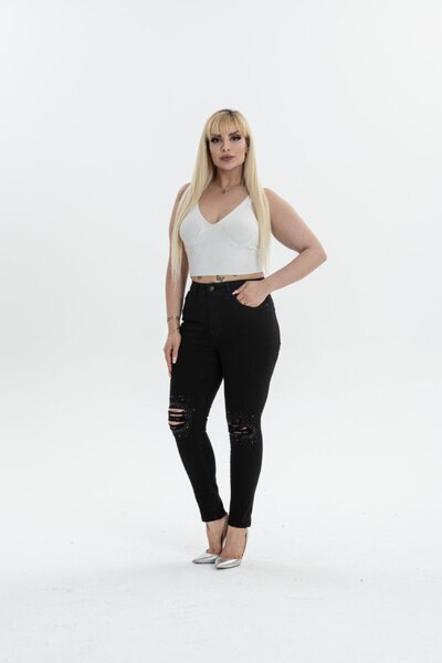 Stilys jeans Gamze Moda Large Size Pants with Stone Details and Ripping Details