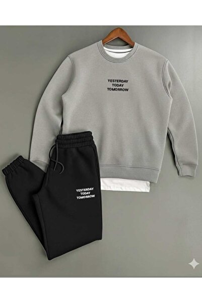 woonkey Yesterday Today Tomorrow Printed Crew Neck Sweatshirt Tracksuit |   Minimalist Unisex Cotton