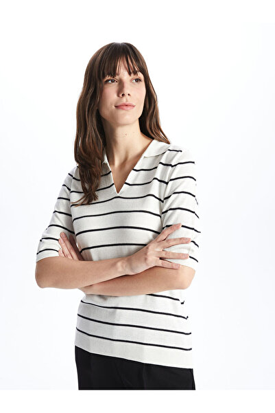 LC Waikiki Εκρού πουλόβερ με ριγέ λαιμόκοψη πόλο και κοντά μανίκια για γυναίκ...