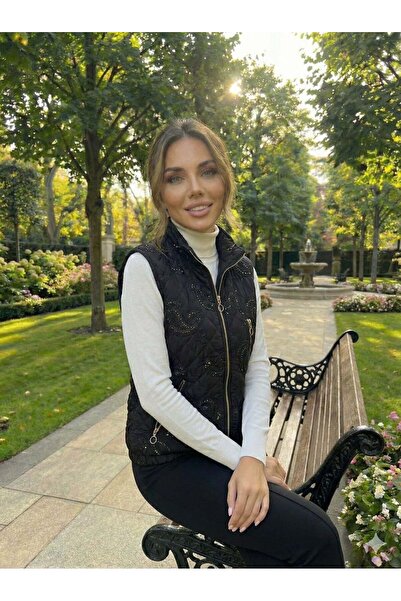 Punta Otantik Nc61581 Shawl Pattern Sequin Turtleneck Quilted Italian Vest Black