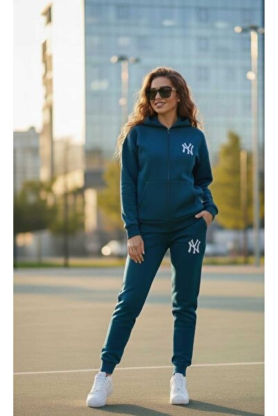 LiyAdaCo Unisex Hooded Ny Printed Petrol Blue Bottom Top Tracksuit Set- Sportswear