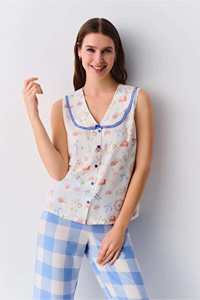 DREAM FASHION Blue Plaid Nicole Suspender Shirt Collar Pajama Set