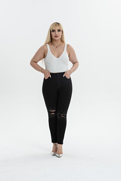 Stilys jeans Gamze Moda Large Size Pants with Stone Details and Ripping Details