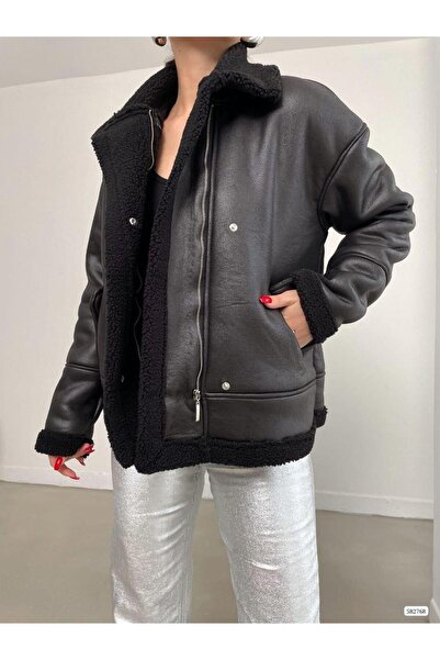 Modafeminen Jachetă cu buzunar cu fermoar cu detalii de pluș 582768 NEGRU