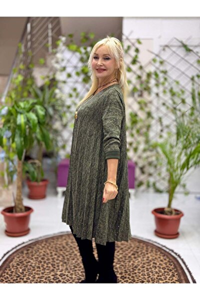 Punta Otantik Nc21419 Necklace and Stone Detailed Pleated Italian Knit Dress Khaki