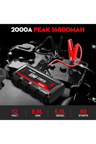 FEIKFEIZ جهاز بدء تشغيل السيارة بقوة 2000 أمبير و16800 مللي أمبير في الساعة يدعم المركبات التي تعمل بالبنزين سعة 8 لتر أو الديزل سعة 6 لتر مع الشحن السريع USB 3.0