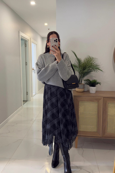 Sorridi Ekose Desenli Tül Uzun Etek