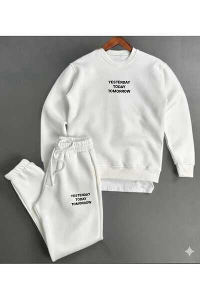 woonkey Yesterday Today Tomorrow Printed Crew Neck Sweatshirt Tracksuit |   Minimalist Unisex Cotton