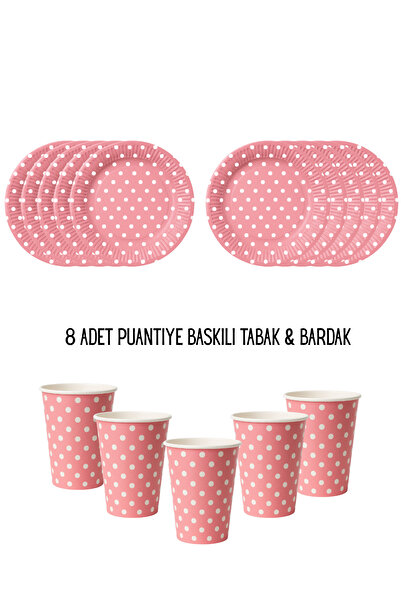 HAPPYLOOPPARTY Pastel Makaron puantiyeli Düşler 8 Kişilik Tabak , Bardak Doğu...