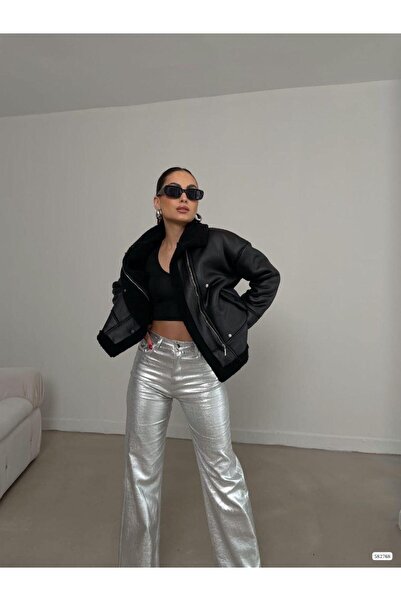 Modafeminen Jachetă cu buzunar cu fermoar cu detalii de pluș 582768 NEGRU