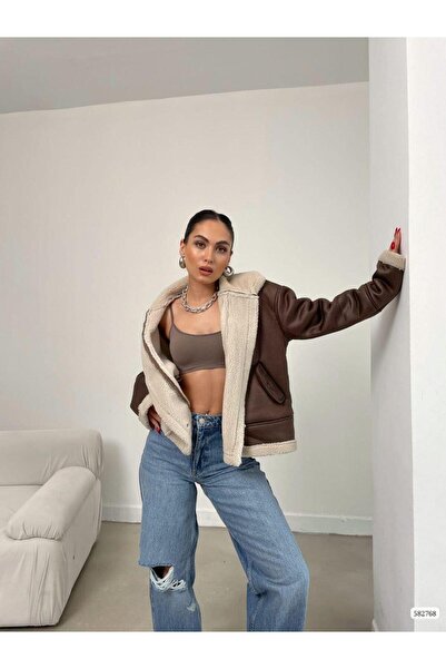 Modafeminen Jachetă cu buzunar cu fermoar cu detalii de pluș 582768 maro