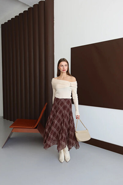 Sorridi Fusta midi din tul cu model în carouri și croială asimetrică din șifon