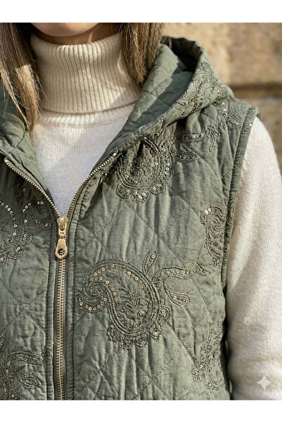 Punta Otantik Nc61585 Shawl Pattern Hooded Quilted Italian Vest Khaki