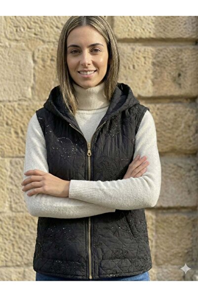 Punta Otantik Nc61585 Shawl Pattern Hooded Quilted Italian Vest Black