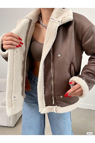 Modafeminen Jachetă cu buzunar cu fermoar cu detalii de pluș 582768 maro
