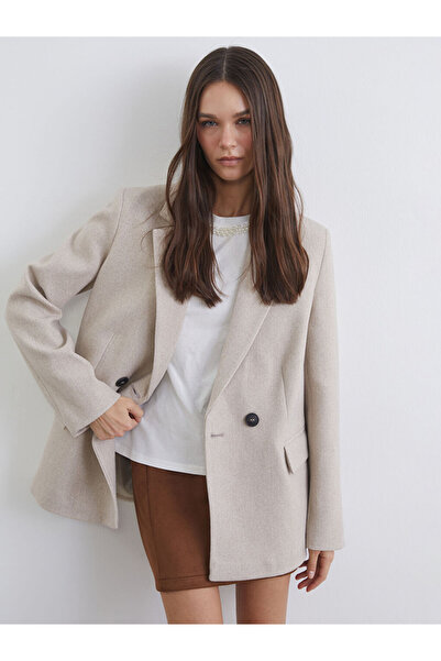 LC Waikiki Beige Double-Breasted collar women's stamp blazer jacket from plus-store