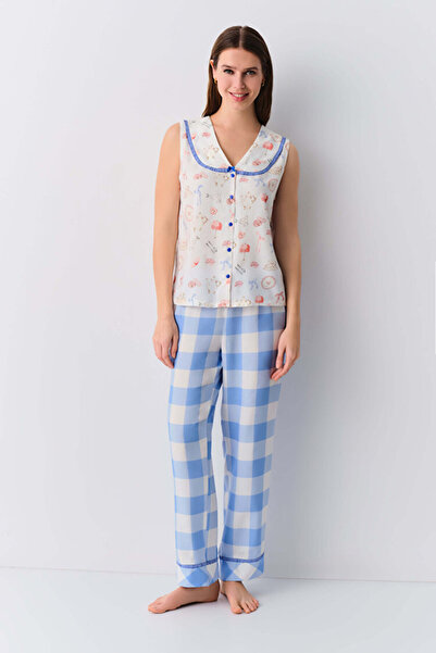 DREAM FASHION Blue Plaid Nicole Suspender Shirt Collar Pajama Set