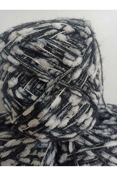 İPEK YÜN İPLİK DÜNYASI Angora Knitting Yarn 3 Ply (Navy Blue, White with Gray) Pompom (White) Mix 100Gr