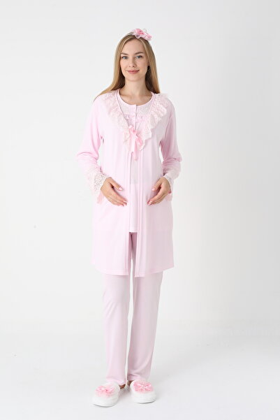 ERDENİZ TEKSTİL Dantelli 3-Piece Maternity Pajamas and Robe Set - Adjustable ...