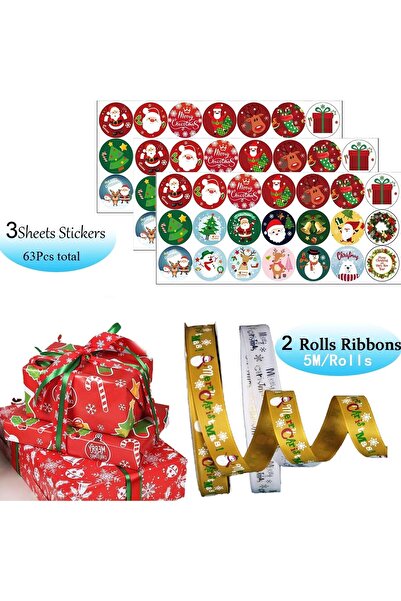 Generic 10 Sheets Christmas Wrapping Paper Set 63 Stickers 2 Ribbons 75x51cm Santa Snowflake Holiday Decor