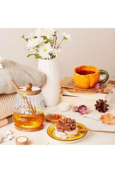 İthal Modern Glass Honey Jar with Bamboo Lid and Bamboo Spoon