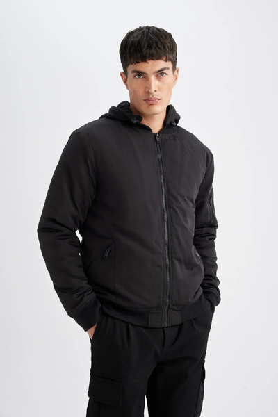 DeFacto Slim Fit Detachable Hooded Zippered Double Pockets Transitional Lightweight Bomber Coat Jacket