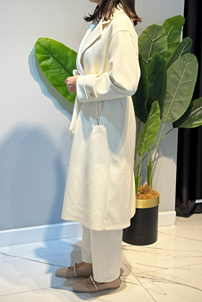 Lale Butik Women's Button Detail Cashmere Coat 6346 Ecru