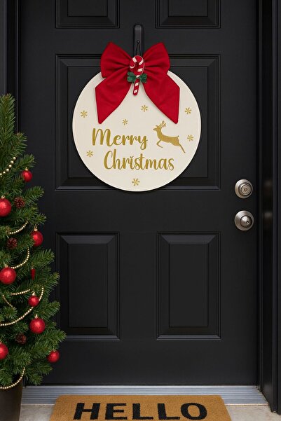 Bonika Christmas Door Ornament - Wooden Door Ornament with Red Bow