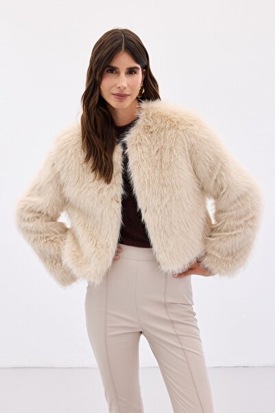 Coşkun GİYİM Women's Lolita Faux Fur Coat Ecru 24236