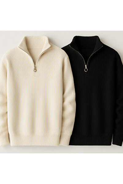 golden toptan 2'li paket fermuarlı erkek triko kazak